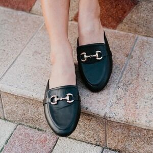 Rollasole Black Vegan Leather Mules Slip On Flats Gold Horsebit Shoes 5.5-6.5